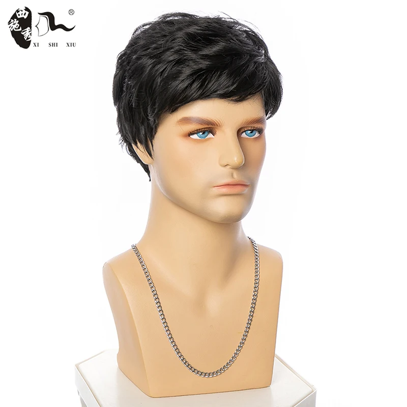 Short Straight Wave Hair Synthetic Wig With Bangs For Young Men Natural Black Brown Heat Resistant Fiber Pixie Cut Hair Male Wig