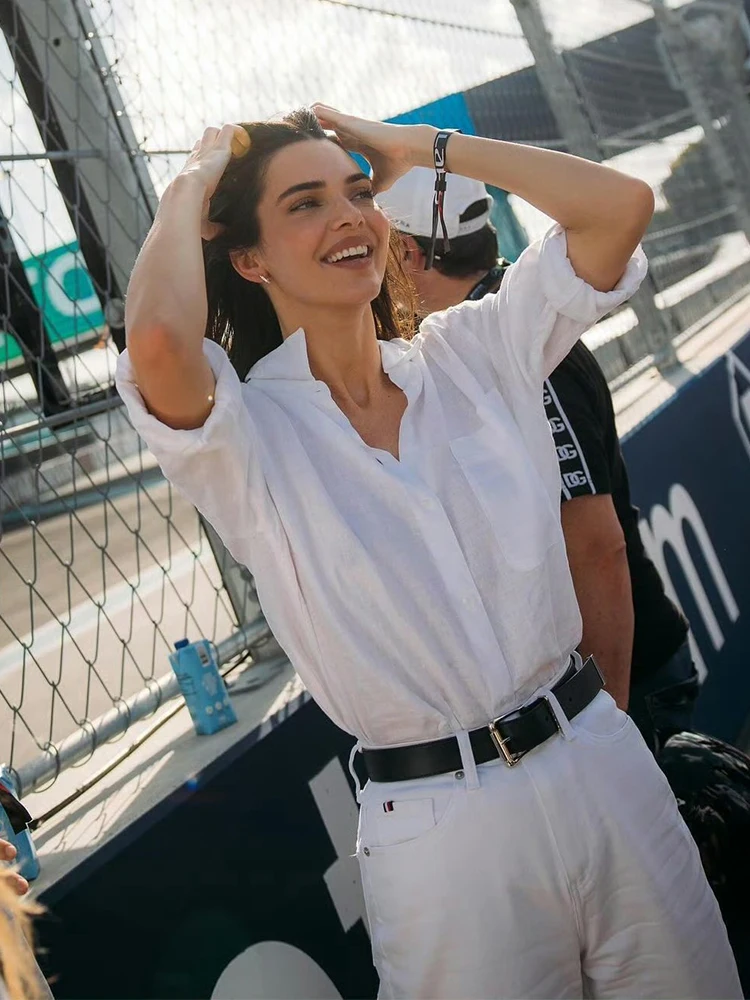

Naturaleye Linen Blend Long Sleeve Loose Fit Artistic Women's Shirt Kendall Jenner Style Top Summer White Button-Up