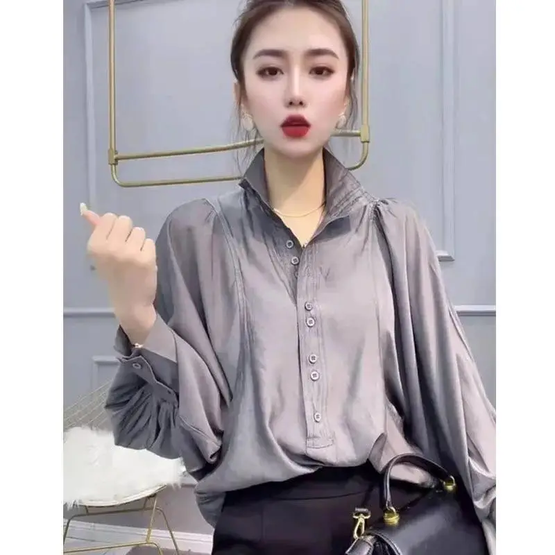 Stylish Solid Color Spliced Folds Lantern Sleeve Blouse Female Clothing 2023 Autumn New Casual Pullovers Loose Office Lady Shirt