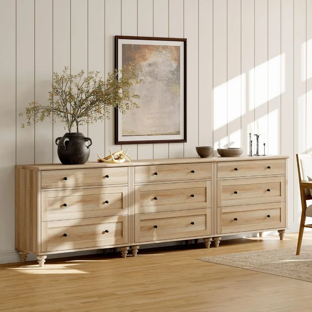 Dresser for Bedroom with 9 Drawers, Oak Kids Dressers with Wide Chest of Drawers, Large Wood Dressers