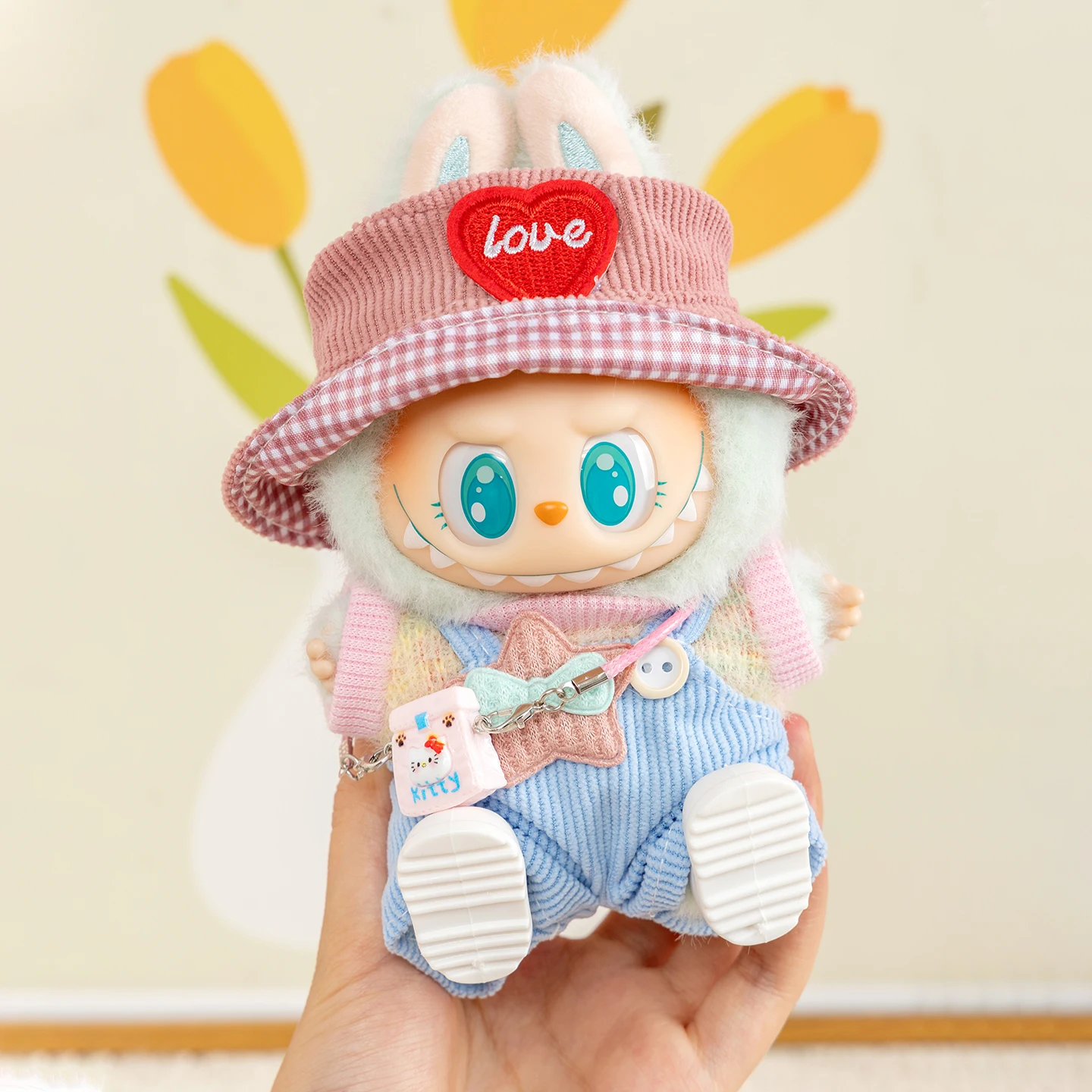 Süßes Outfit-Set für Labubu V1 V2 V3, Vinyl-Schlüsselanhänger, Overalls mit Fischerhut, bezaubernde Puppenkleidung zum Dekorieren