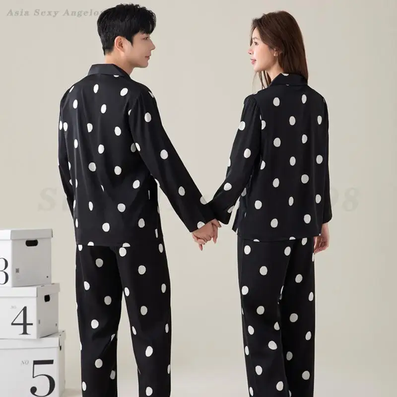 Spring Summer Couple Pajamas Set Women's Long Sleeved Home Clothes Men's Satin Black Sleepwear Loose Casual Nightwear Loungewear