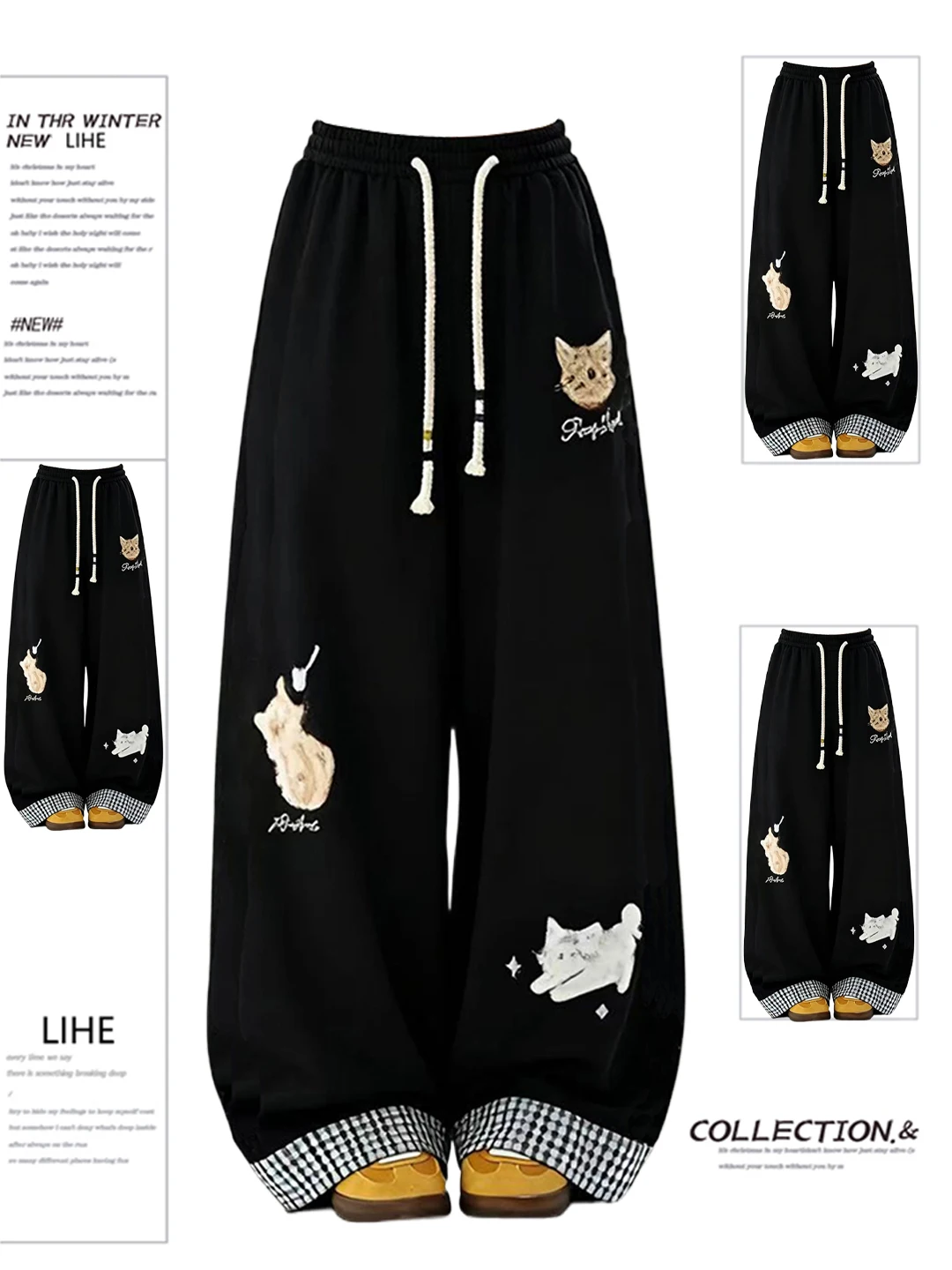 

Women's Casual Straight Leg Trousers Plaid Splicing Drapey Towel Embroidery Soft Pattern Autumn Winter Fashion Pants