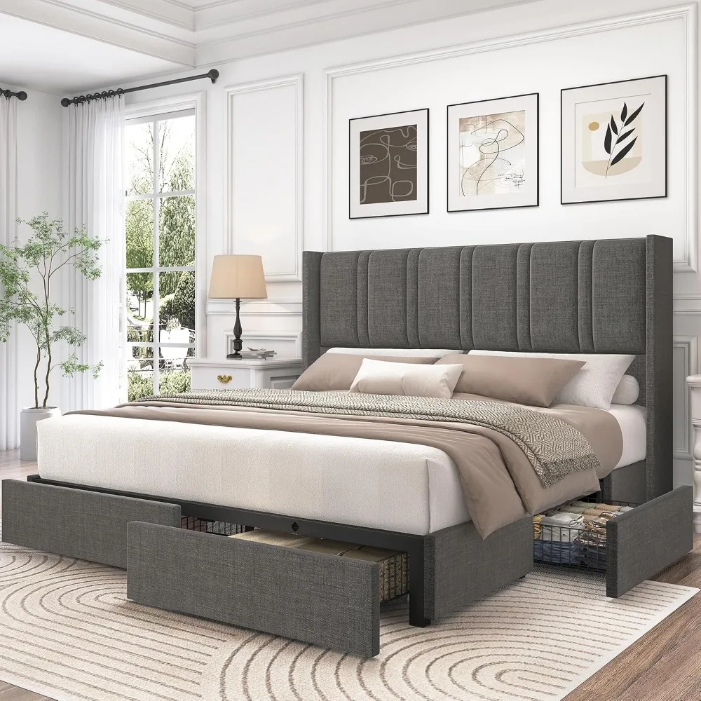 King Size Linen Upholstered Platform Bed Frame, Wingback Headboard & Storage Drawers & Wooden Parts, Customized view 2