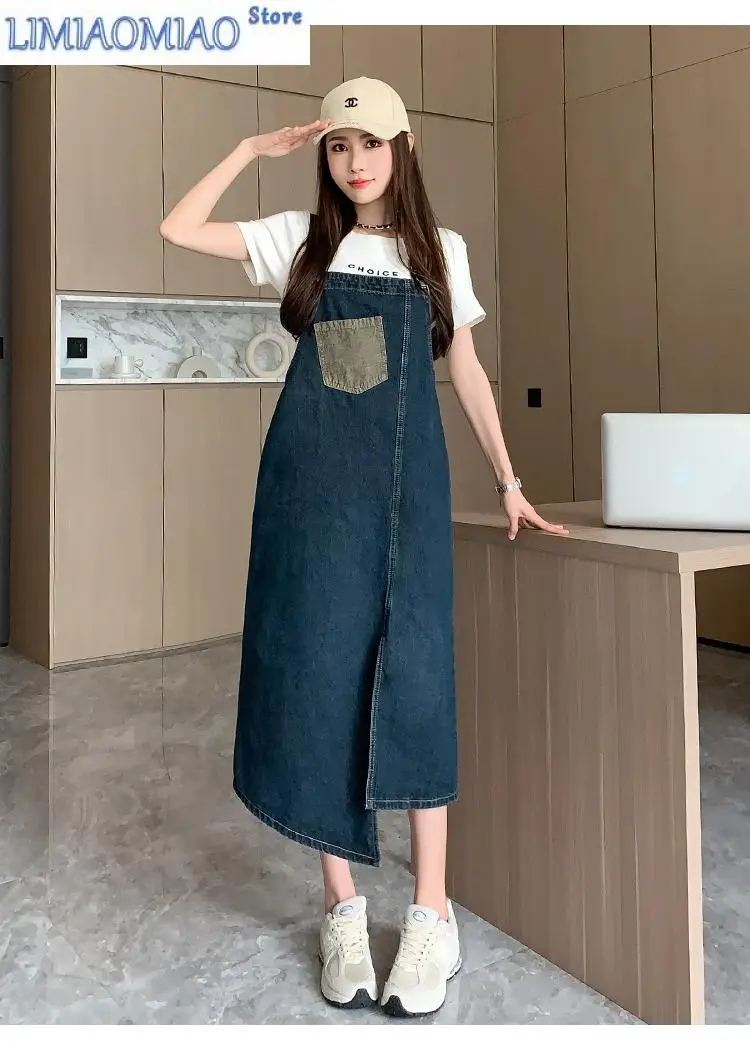 

New Slit Denim Suspender Skirt Women Vintage High-waisted Loose Slimming Mid-length Age-reducing Dress y2k skirt