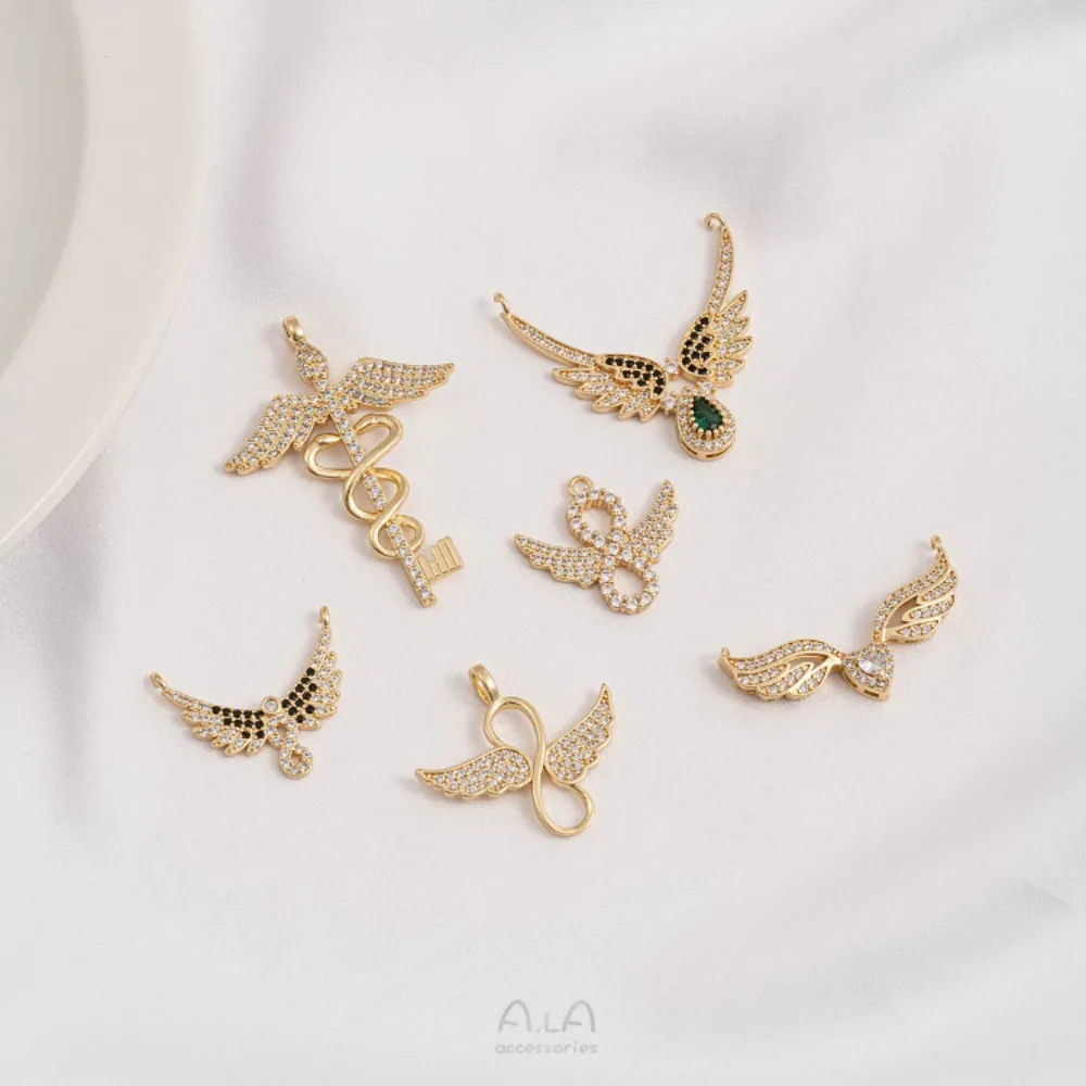 

1Pcs Copper Charms 14K Gold Color Zircon Angel Wings 8 Characters Love Infinite Angel Wings Pendant Double Hanging Necklace
