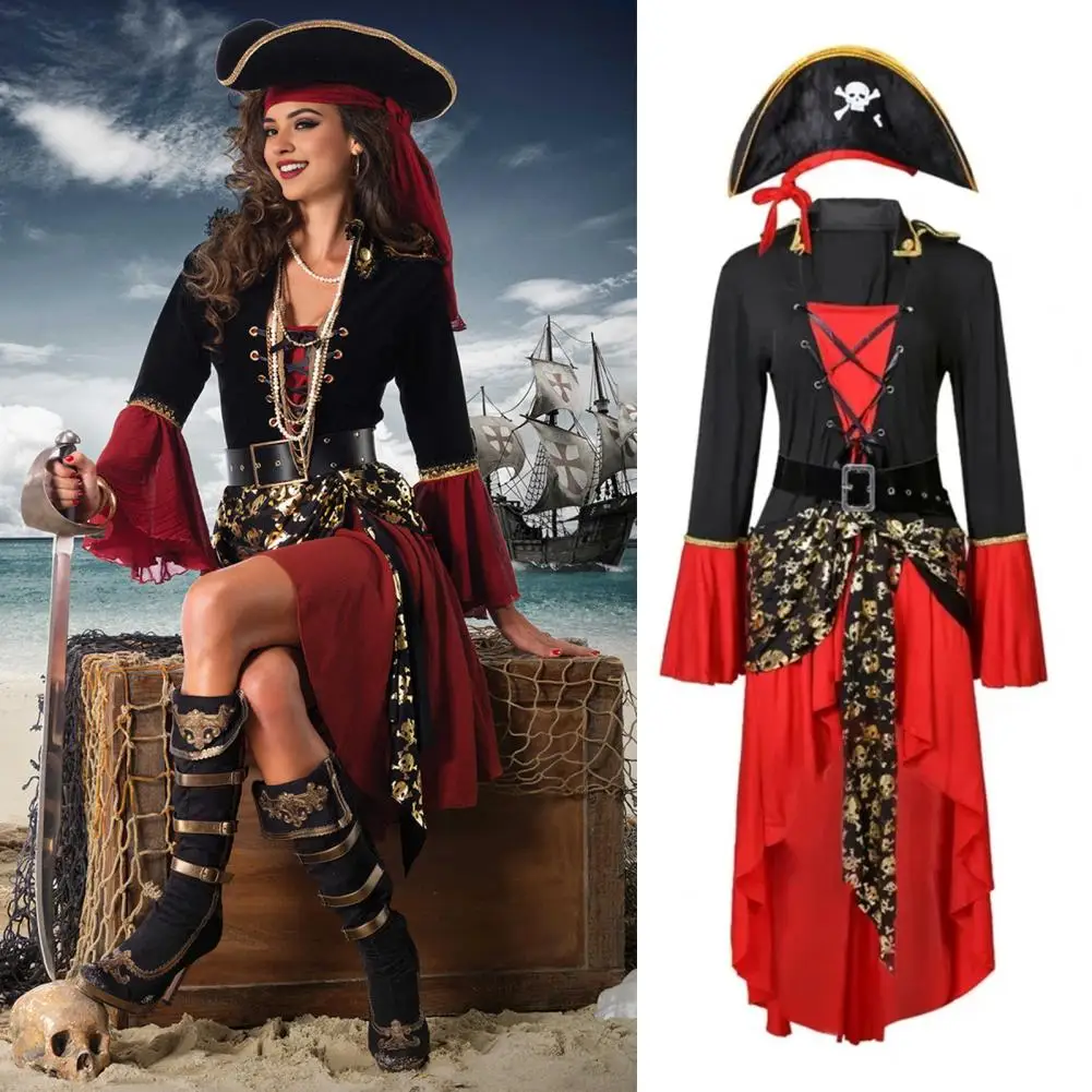 

Halloween Cosplay Dress Pirate Queen Stage Performance Costume Bell Sleeves Irregular Hem Lace-up Belted Waist Vikings Dress