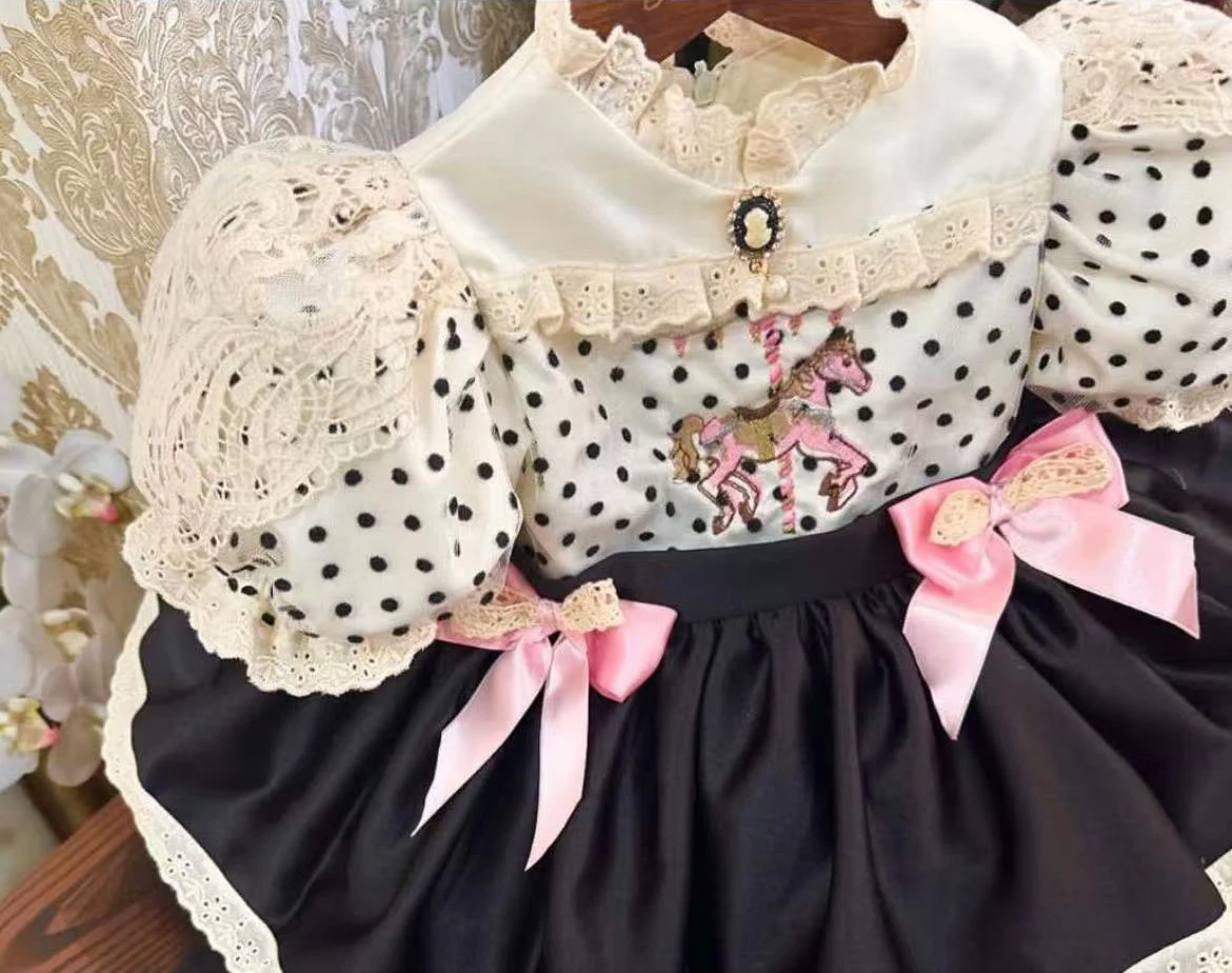 0-12Y Baby Girl Summer Horse Embroidery Black Vintage Princess Dress for Birthday Photography Holiday Eid B436