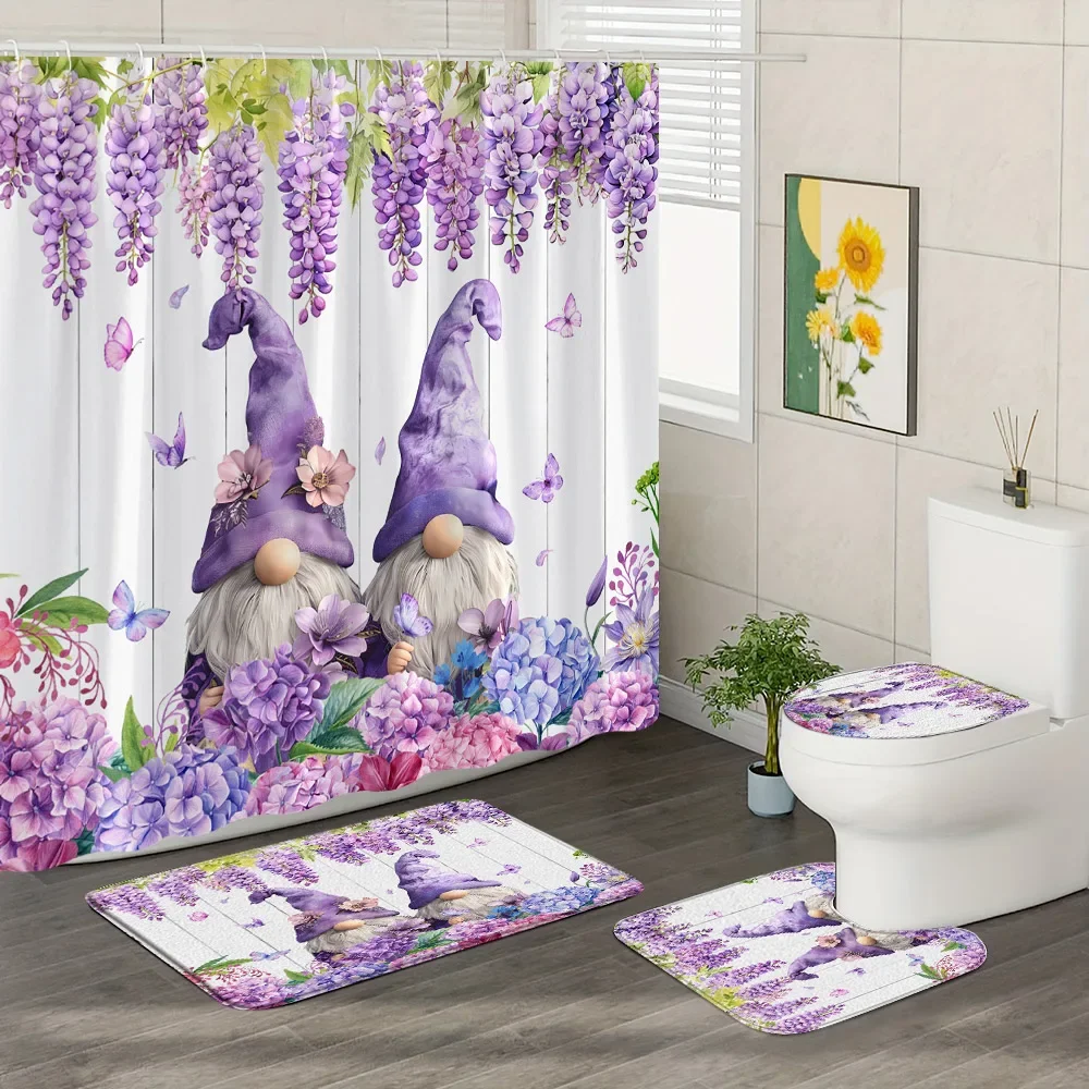 4Pcs Purple Trailing Vine Floral Shower Curtain Rug Set Lavender Butterfly Hanging Curtain Bath Mats Toilet Mats Bathroom Decor