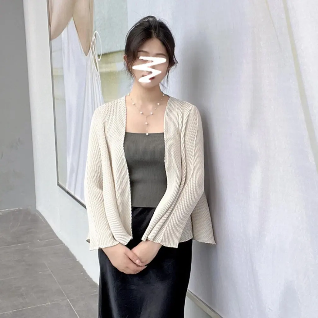 

Miyake женское элегантное короткое пальто, осенний повседневный облегающий кардиган с длинными рукавами, однотонный универсальный утягивающий топ