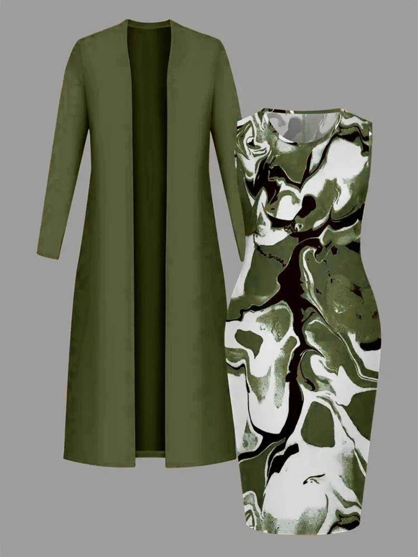 Conjunto casual de dos piezas para mujer: cárdigan largo de manga larga con frente abierto y vestido midi sin mangas con estampado de mármol.