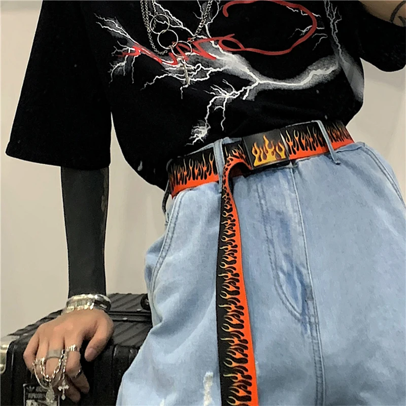 Hip Hop StreetFashion Men's Canvas Belt Male Personalized Casual Flame Belt Designer Belts For Women Cowboy Strap Punk Waistband