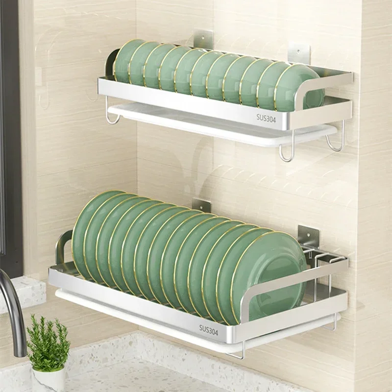 Dish Drying Rack 304 Stainless Steel Wall Mounted Kitchen Organizer Drain Holder Plate Storage Shelf Sink Drainer Cutlery Box