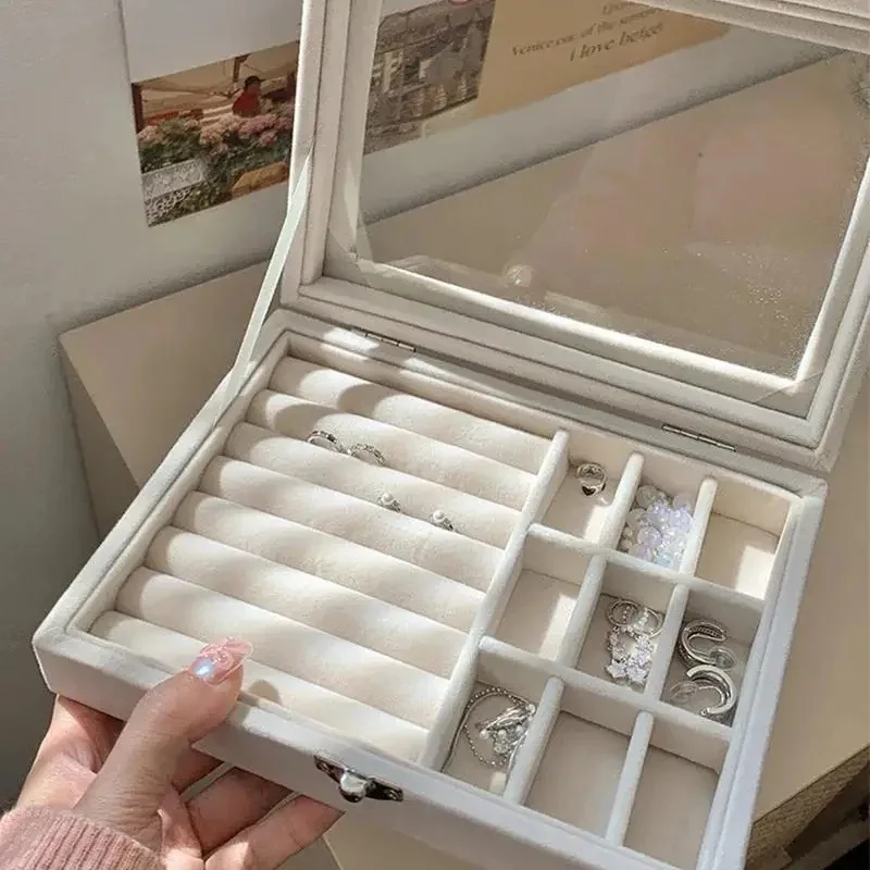 1&3 Layer Velvet Jewelry Storage Box Portable Home Travel Earrings Necklace Storage Case Clear Lid Jewelry Organizer for Women