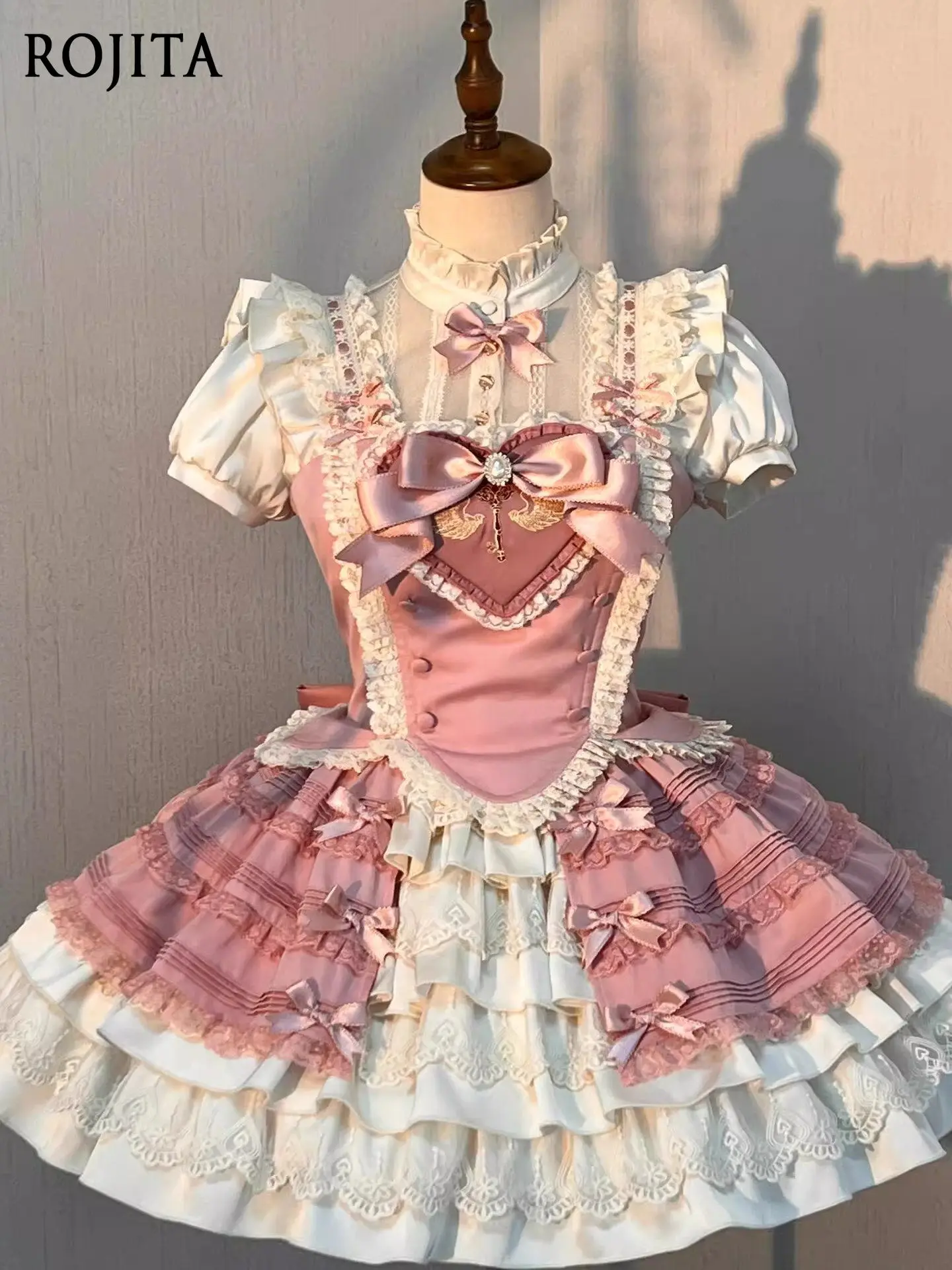 

Sweet Lolita 3-Piece Set: Corset Top + Blouse + Skirt Summer New Pink Hime Style with Lace and Bow Skirt Sets No Petticoat