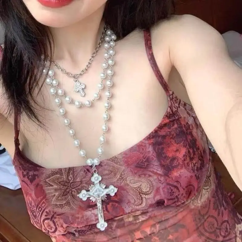

N5KA Gothic Cross-shape Rosary Necklace Handmade Imitation Pearls Beaded Necklace