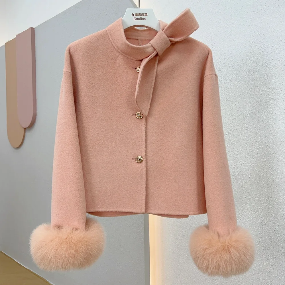 

OFTBUY 2024 New Winter Real Natural Fox Fur Cuff Coat Ladies Outwear Female Coat Cashmere Wool Woolen Women Luxury Jacket