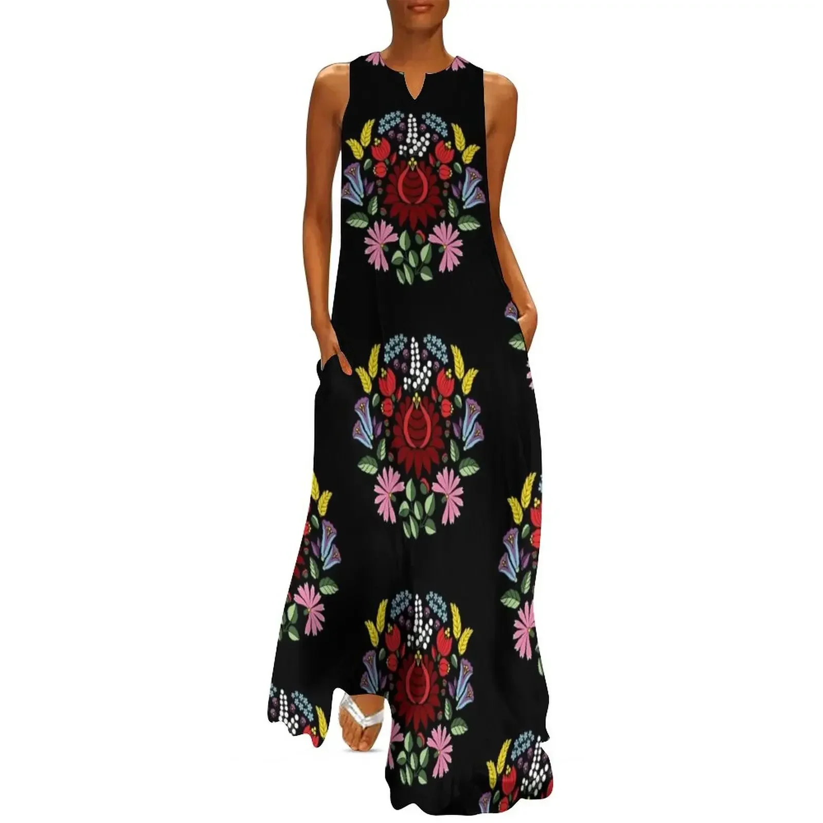 

Hungarian traditional embroidery roundel, Kalocsa virágok kr Long Dress beach outfits for women Dress