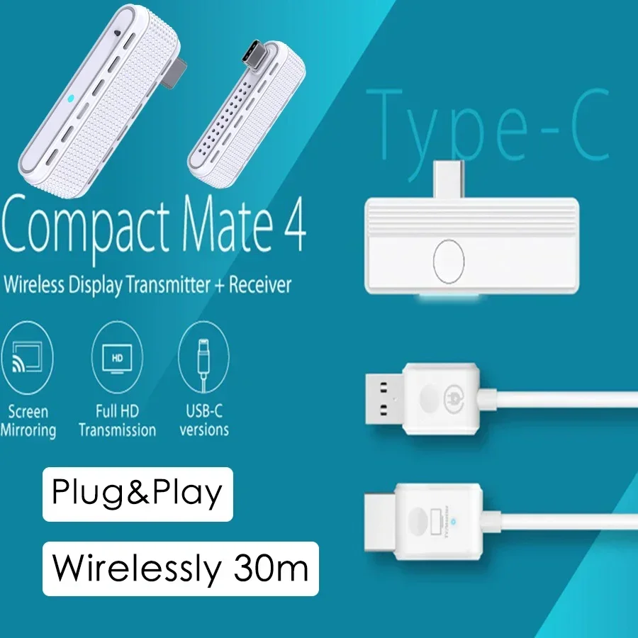 C 타입 무선 HDMI 익스텐더 디스플레이 어댑터 케이블, 오디오 비디오 송신기 및 수신기, 아이폰 15, 16, 맥북, 노트북, PC, TV용