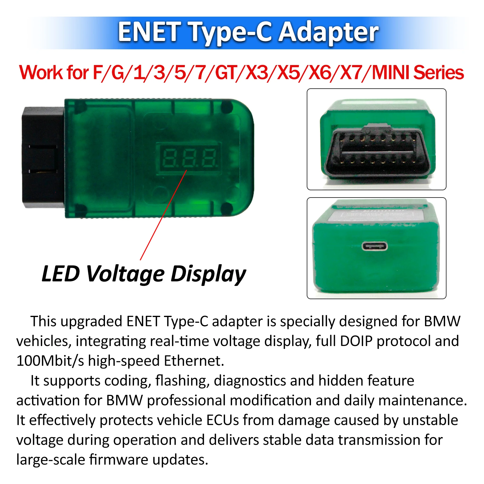 OBDII Ethernet Adapter Work for X3/X5/X6/X7/1/3/5/7 Series DoIP Coding Adapter Compatible with MG Flasher/BimmerCode/BM3/E-Sys