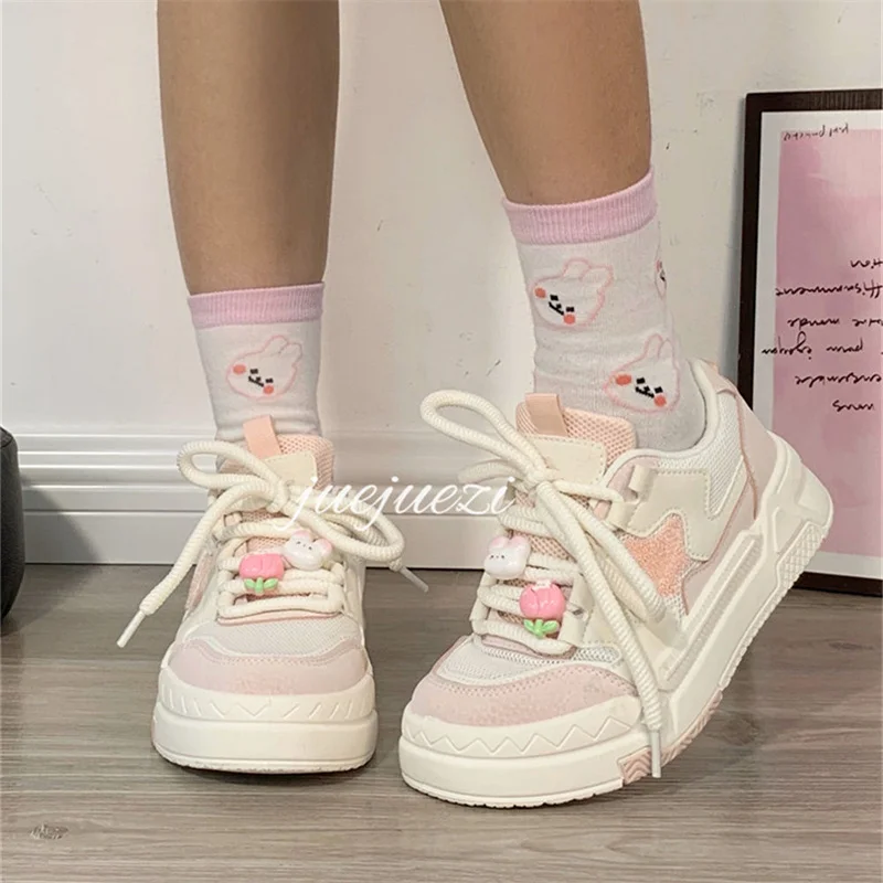 Pink Sports Shoes Woman Spring Autumn 2024 Platform Sneakers Vintage Casual Vulcanize Kawaii Female Flats Platform Shoes