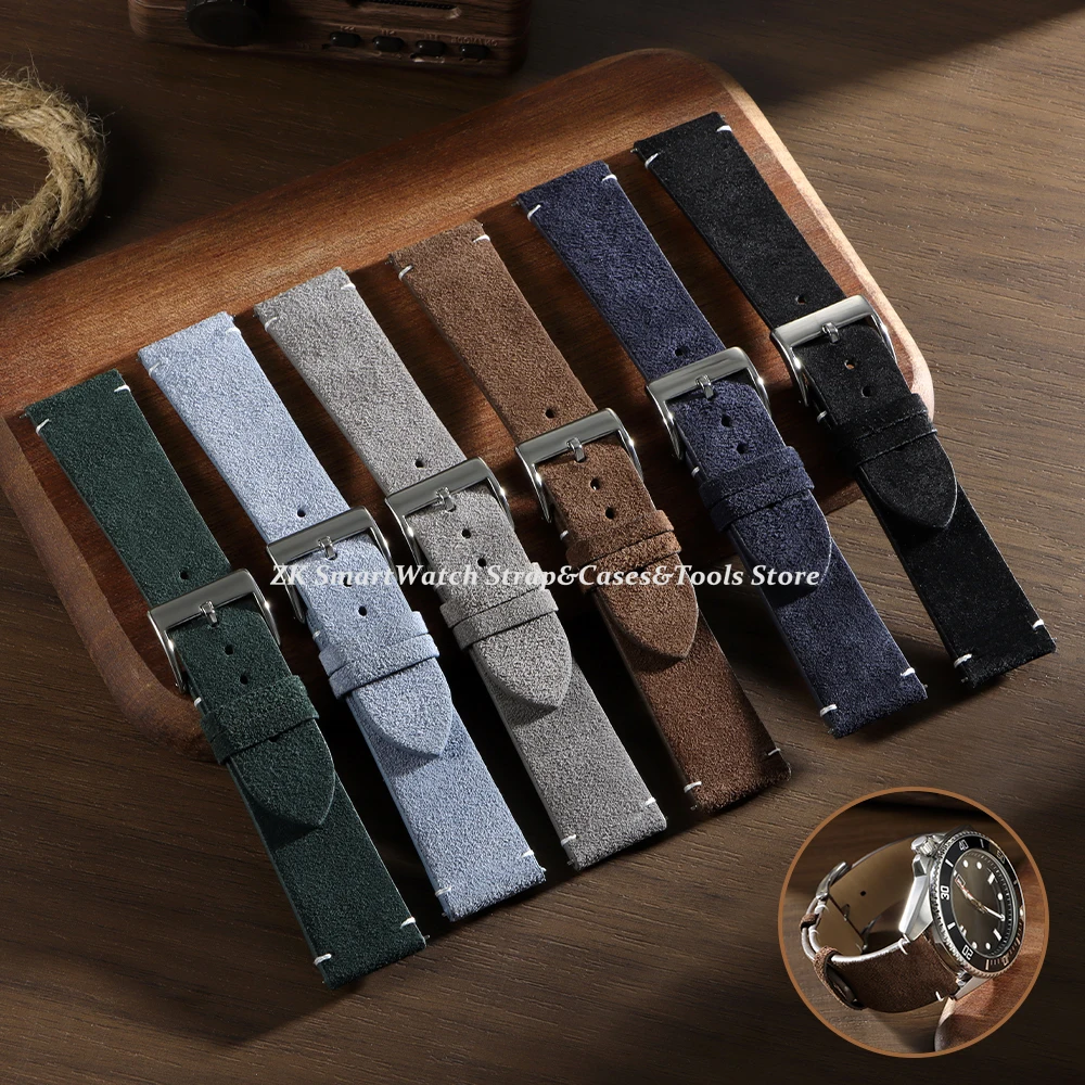 Weiches Wildlederarmband, 20 mm, 22 mm, braun-blaues Armband, 14 mm, 16 mm, 18 mm, Schnellverschluss-Armband aus Kalbsleder für Damen und Herren, Zubehör