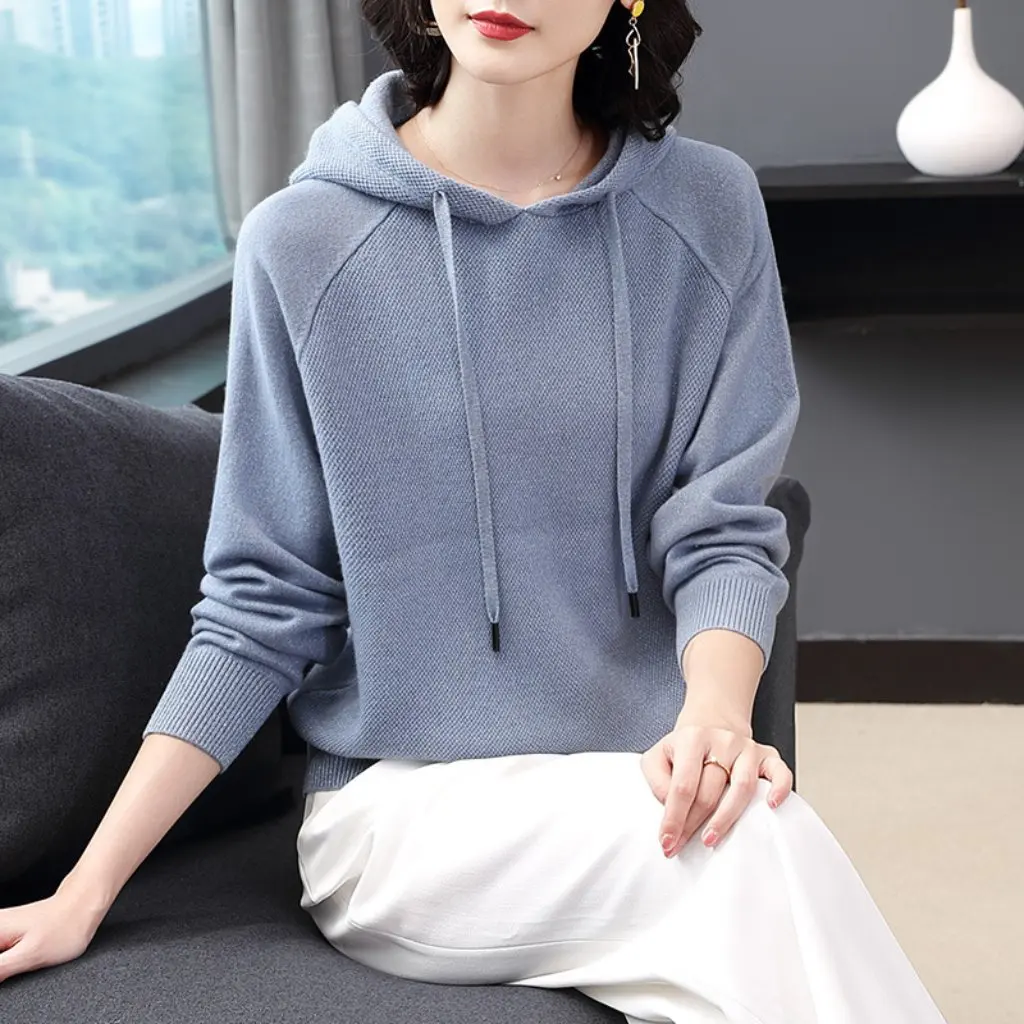

Women's Hooded Sweatshirt Large Size Casual Knitted Knitwear for Spring & Fall Bottoming Shirt with Hood