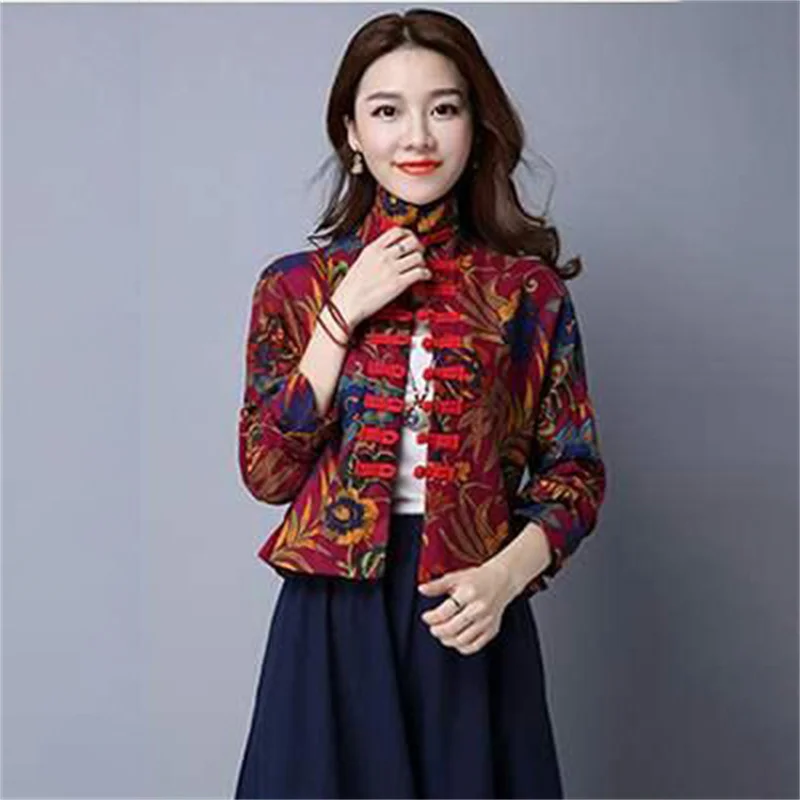 Spring Autumn Chinoiserie Jacket 2024 New Stand-Up Collar Coil Buckle Women's Clothes Coat Fashion Printing Outeawer Female