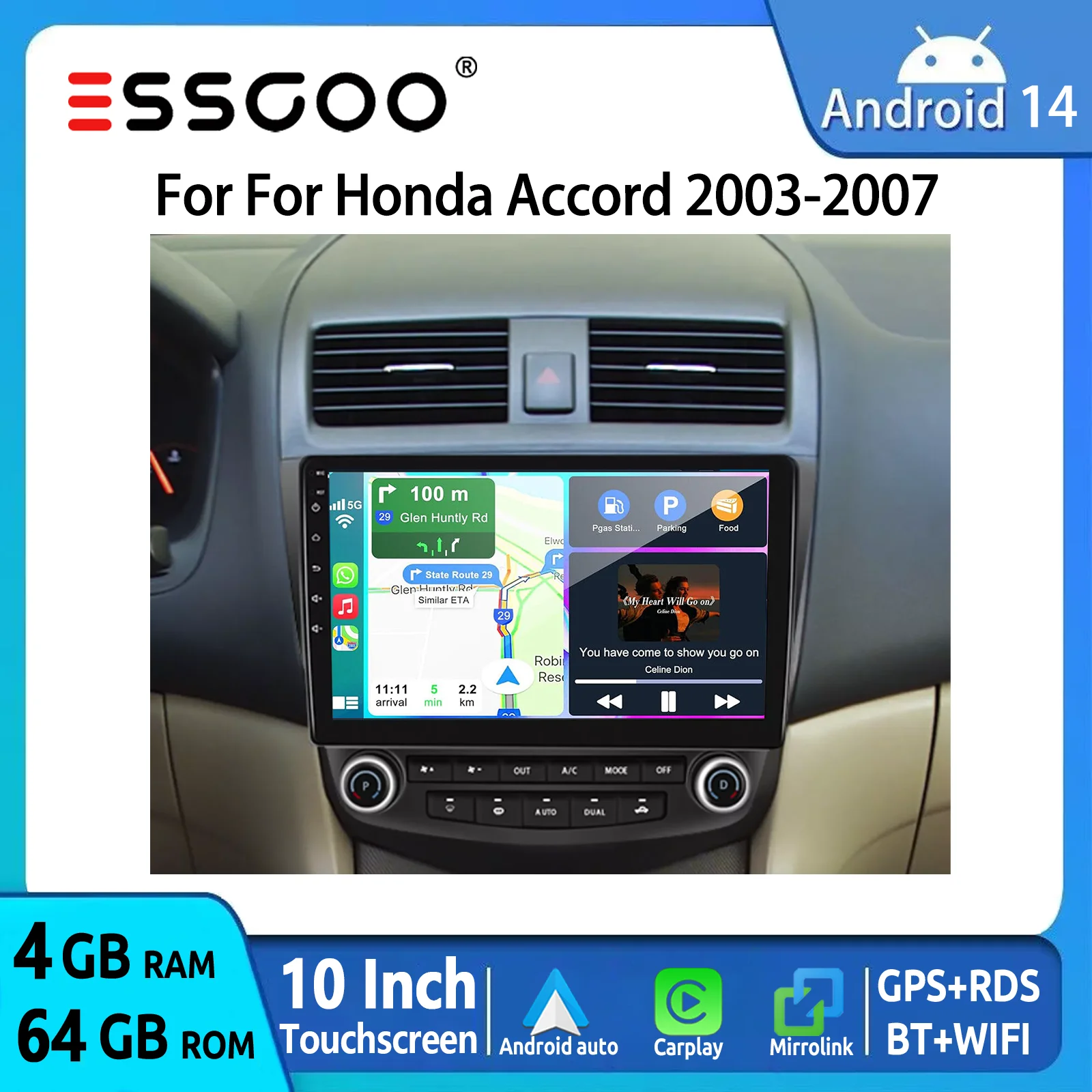 

ESSGOO 10" Touchscreen Display 2DIN For Honda Accord 2003-2007 Android 14 Carplay Android Auto Car Stereo Radio GPS Nav Wifi BT