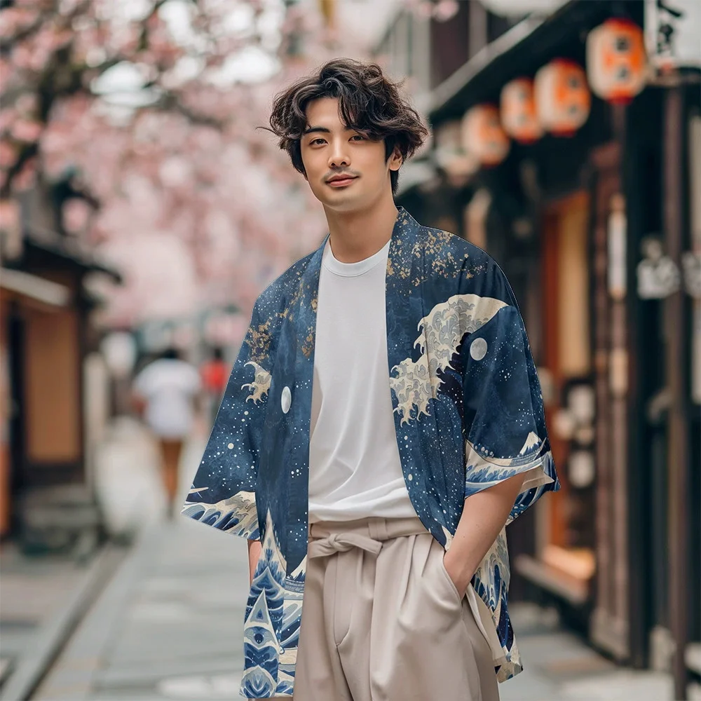 موجات الموضة طباعة الكيمونو التقليدي اليابانية النساء الرجال الشارع الشهير الشاطئ سترة يوكاتا عادية تأثيري قمصان هاوري #3