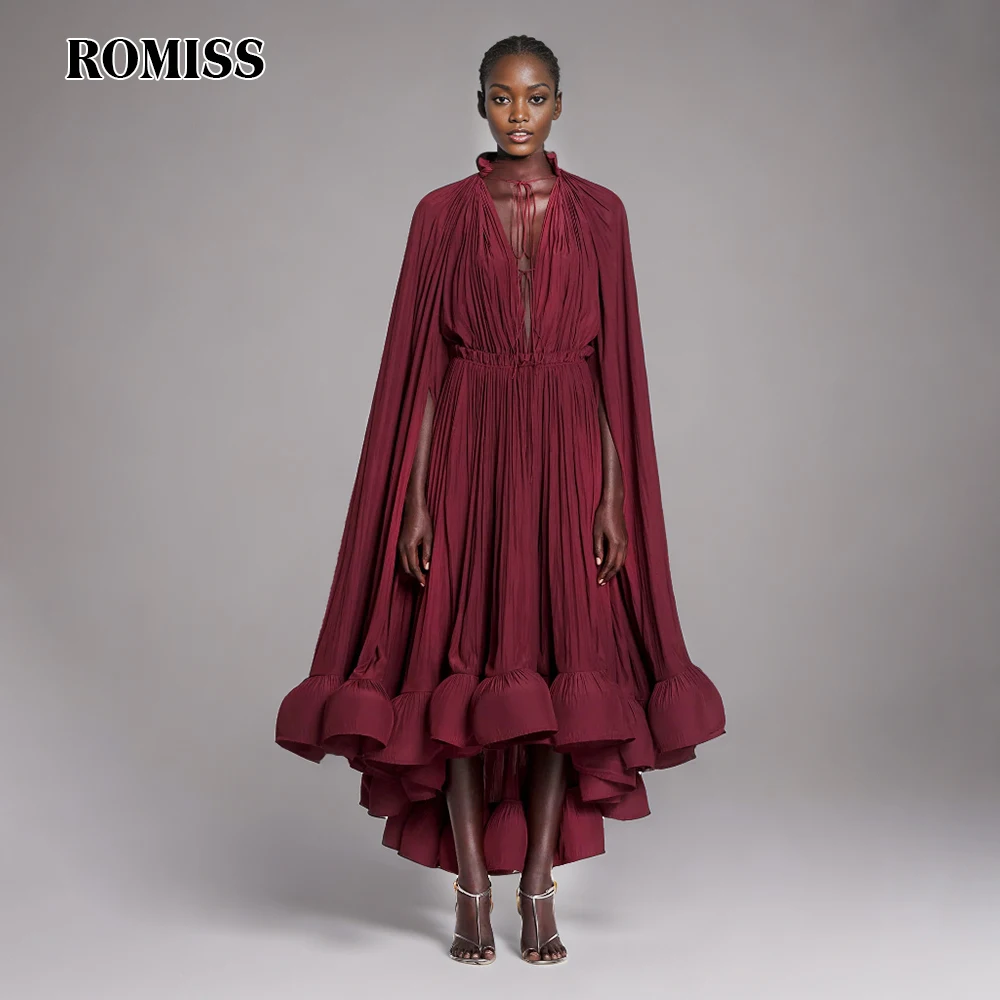 

ROMISS Elegant Patchwork Ruffles Dress For Women Stand Collar Cloak Sleeves High Waist Spliced Folds Chic Dresses Female