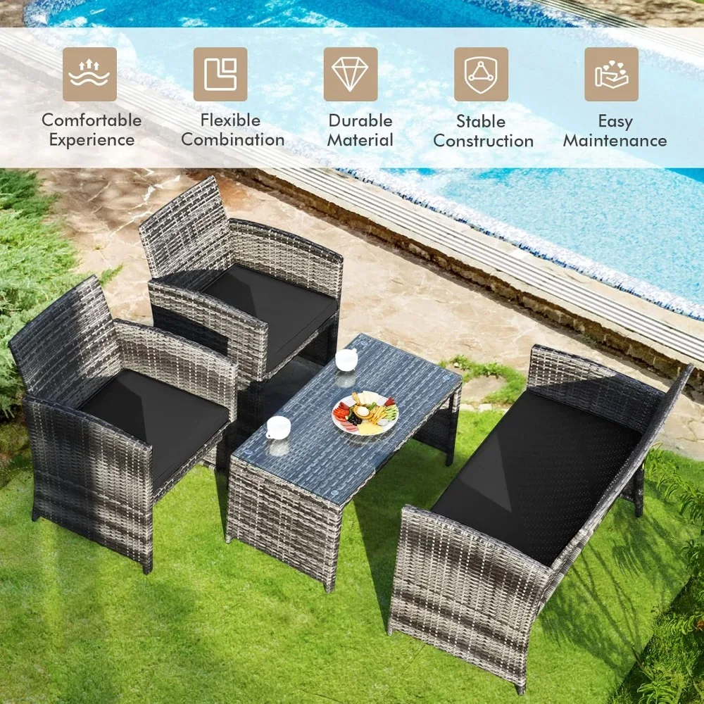 4-Piece Rattan Patio Furniture Set, Outdoor Wicker Conversation Sofa with Weather Resistant Cushions and Tempered Glass Tabletop