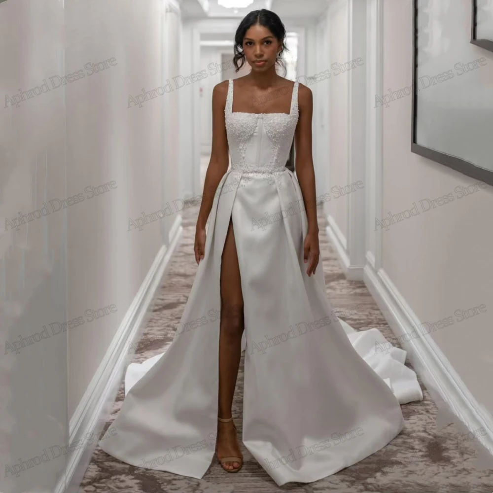 Charmoso vestidos de casamento de cetim vestidos de noiva rendas apliques gola quadrada sem costas roupões para noivas vestidos de novia personalizado