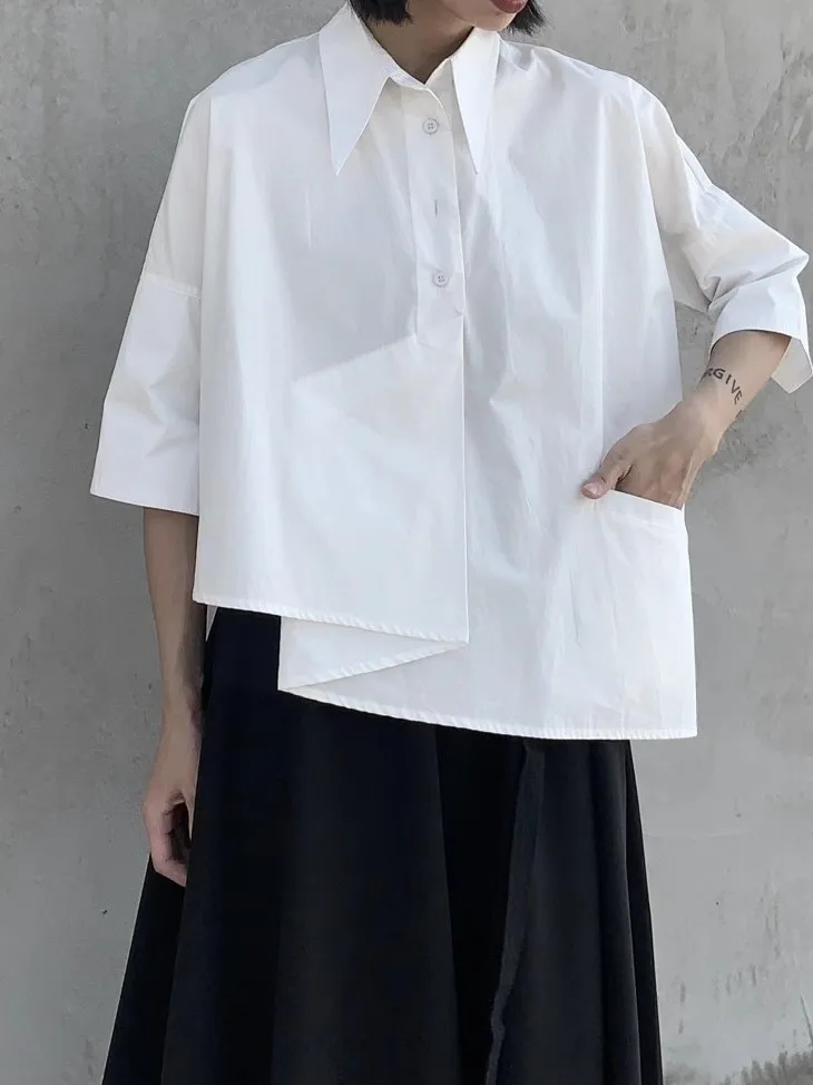

Summer New Style Dark Irregular Design Overhead Short Sleeve Women's Shirt Pointed Collar Loose Slimming Pure Cotton Top