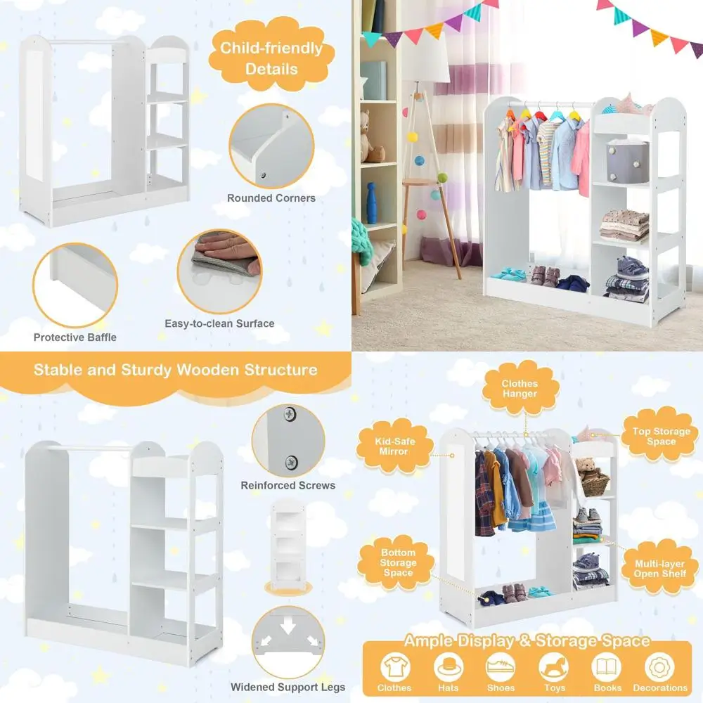 

White Kids Dress-Up Storage with Mirror, Clothes Rack, 3-Tier Shelves, Bottom Tray, and Open Hanging Closet
