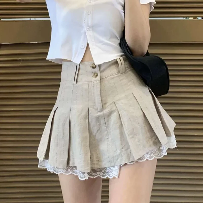 

Summer Lace Trim Pleated Skirts Women Preppy Style Khaki High Waist Skirt Girl Teens Harajuku School Uniform Mini Skirt C41