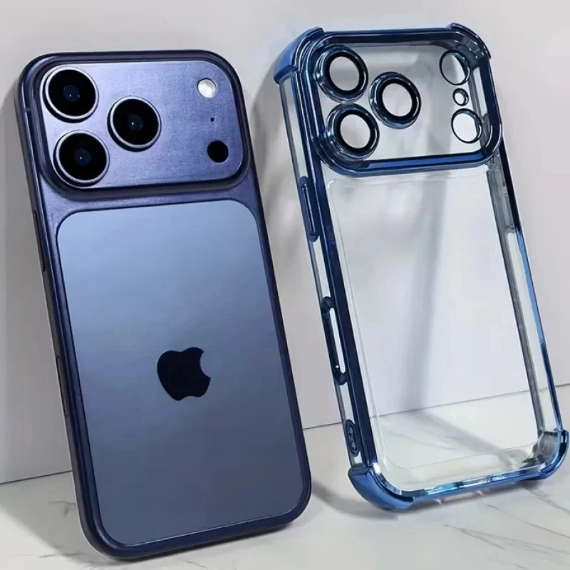 Capa de Celular Transparente de Luxo com Revestimento Anti-impacto para iPhone 17 16 15 14 Plus 13 12 11 17 Pro Max, Bumper Macio com Protetor de Lente