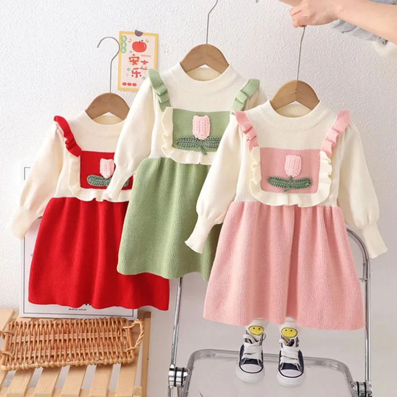 MILANCEL New Autumn Girls Jersey Dress Kids Sweet Tulip Color Block Sweater Children Cute Flower Outwear