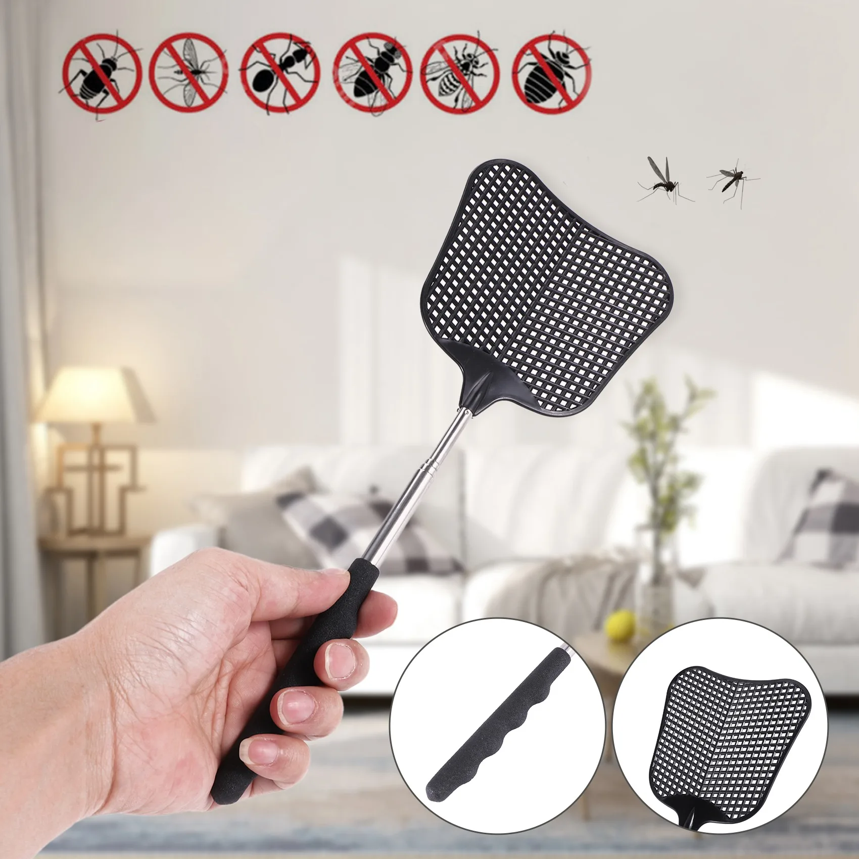 Mosquito and Fly Killing Plastic Fly Swatter Retractable Stainless Steel Rod, Suitable for Indoor and Outdoor Use (2 Pack)