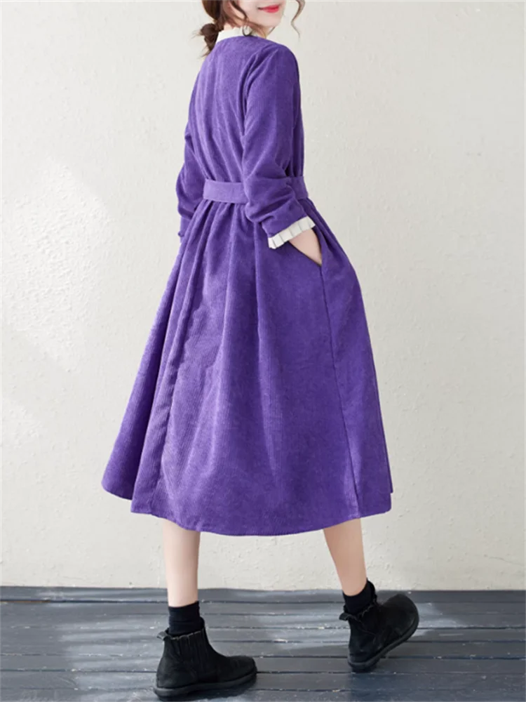 Cotton Purple Vintage Dresses For Women 2023 New Spring Autumn Casual Long Art Dress Femme Robe Fashion Vestidos Elegant Clothes