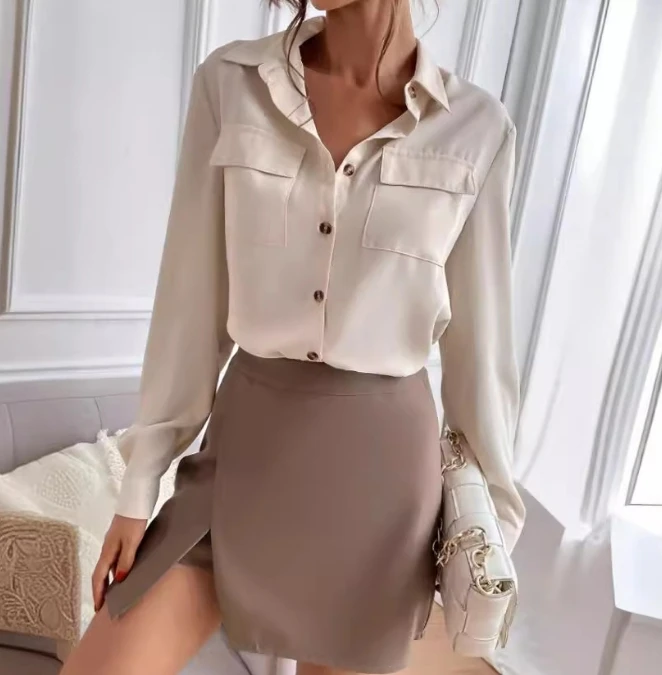 

Vintage Women's Shirt 2024 Solid Color Turn-Down Collar Long Sleeve Single-Breasted Pocket Casual Shirts Office Lady Tops