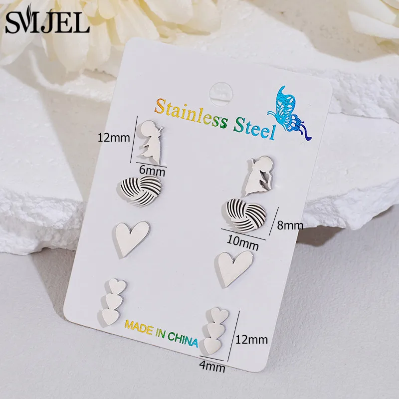 4Pairs/Lot Korean Minimalist Stainless Steel Love Heart Earrings Black for Women Betrothal Jewelry Girlfriend Valentine Day Gift