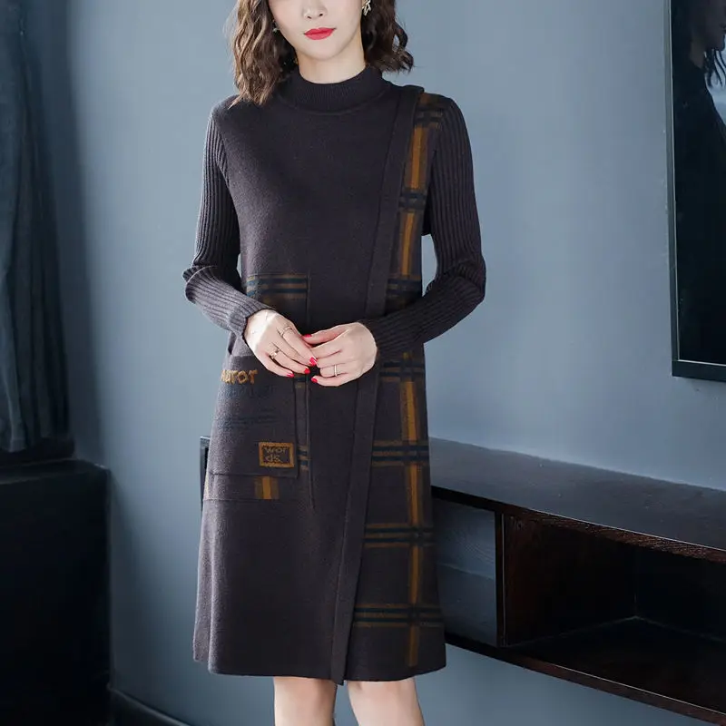 Korean Plaid Spliced Pockets Dresses Autumn Winter Chic Asymmetrical Casual Half High Collar Knitted Midi Dress Female Clothing