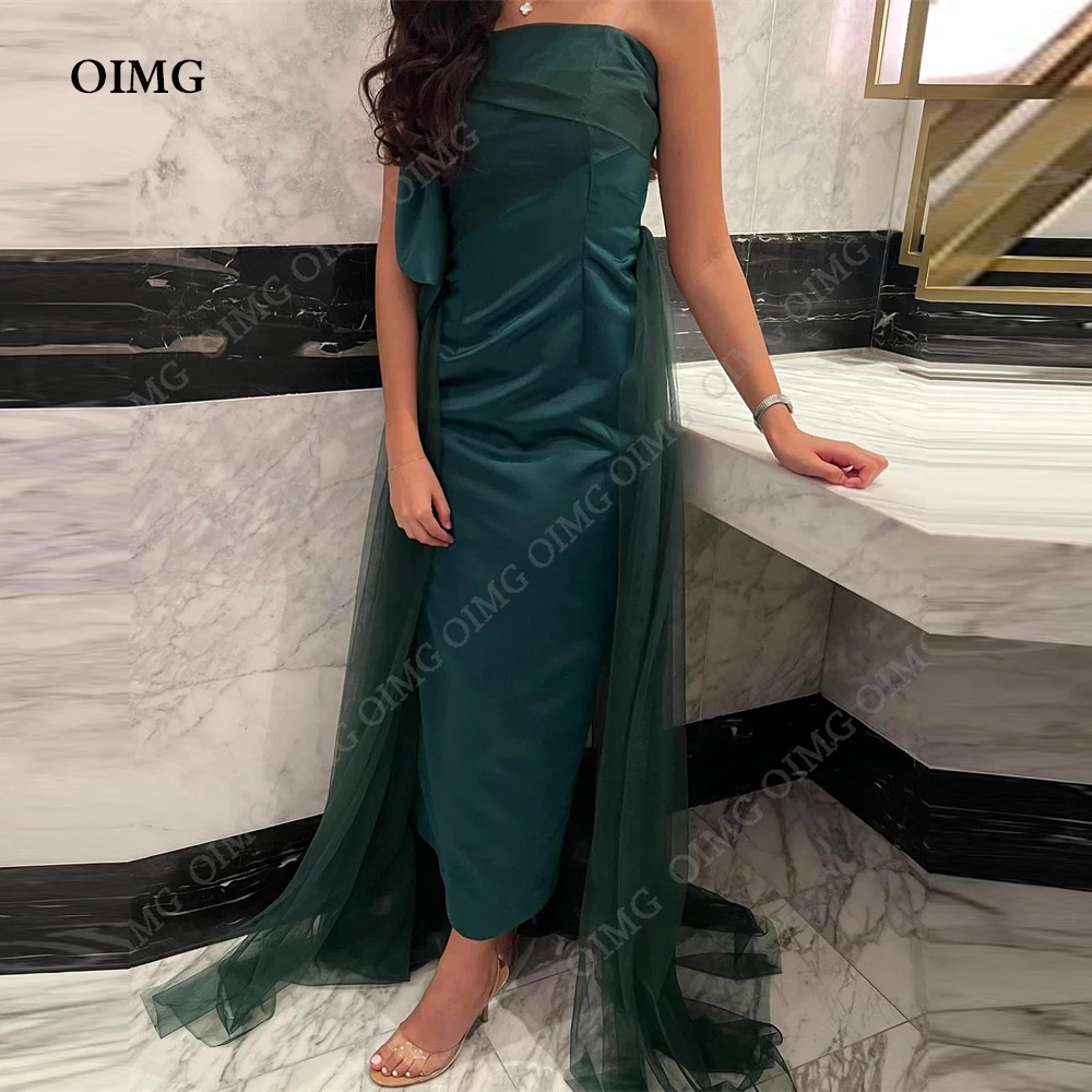 

OIMG Simple Dark Green Satin Beach Evening Dresses Sleeveless Strapless Night Prom Gowns Formal Party Dress Vestidos2023