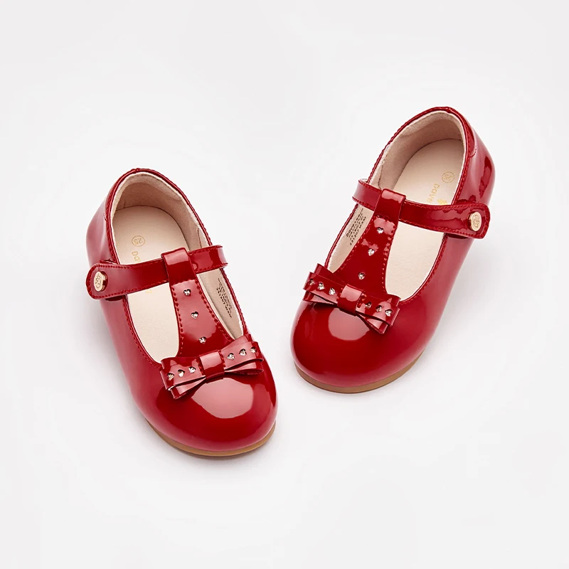 Dave Bella Wine Red Leather Shoes for Kids Girls Non-slip Casual Leather Shoes for Baby Elegant Party Princess Shoes DB3241626