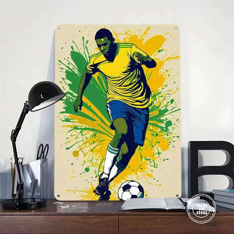 Player With Brazil Splatter Background Metal Sign Wall Art Poster Bedroom Decoration Room Football Tin Signs for Home Decoration