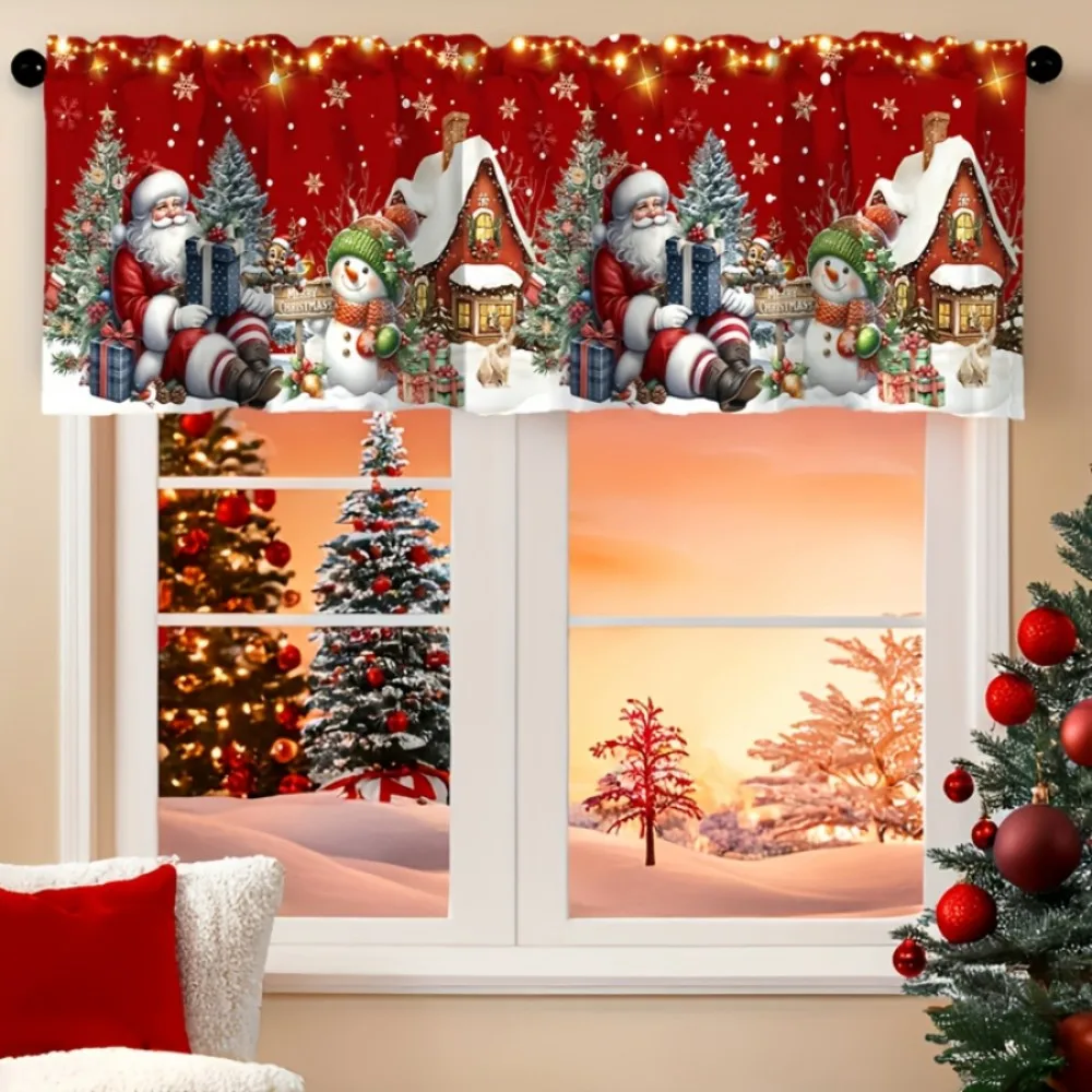 1PC Christmas Winter Valance, Santa Snowman House, Digital Print, Kitchen Dining Room Window, Rod Pocket Polyester, Home Decor