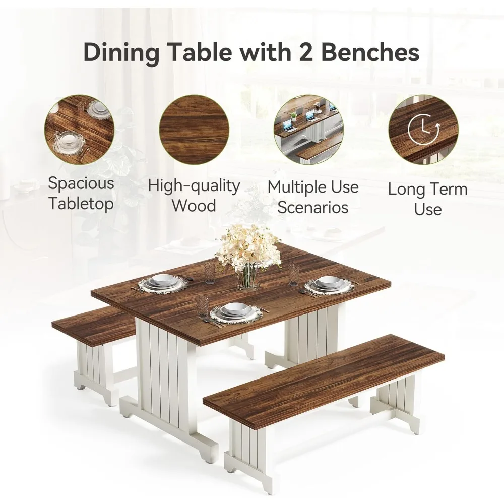 Set tavolo da pranzo LITTLE TREE per 4 con 2 panche, tavolo da cucina moderno con pannello in MDF, dinette salvaspazio per cucina, sala da pranzo