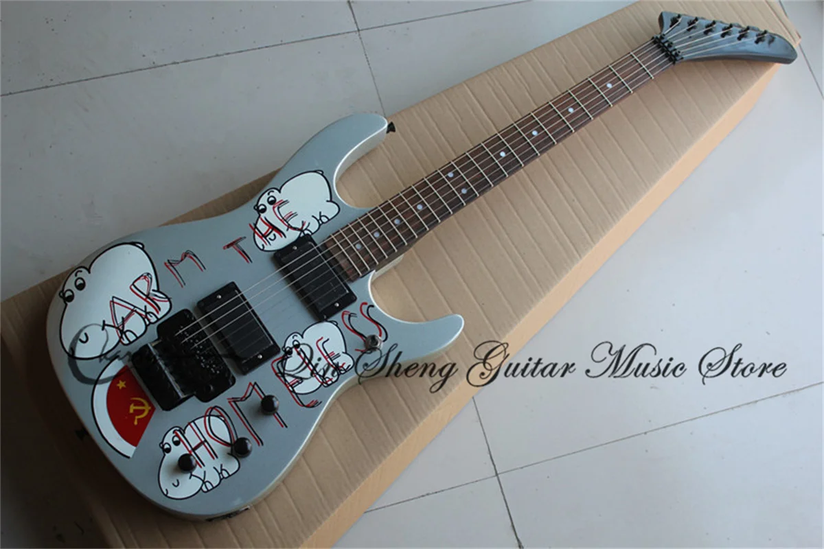 Custom 6 strings guitar,grey sliver guitar,litter pigs pattern veneer,tremolo bridge HH pickups,black buttons,maple neck