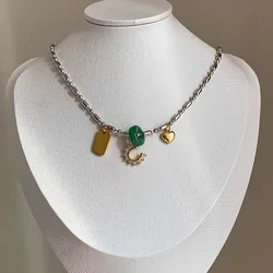 Brass With White Gold Heart Pearl Jade Charm Necklace Women Jewelry Party Designer T Show Runway INS